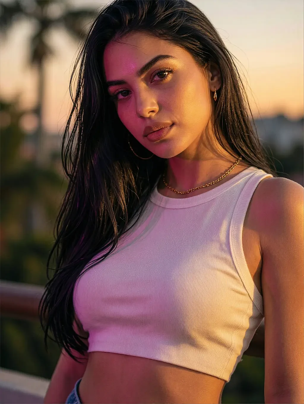 Fictional AI character with dark hair in a white crop tank top and gold chain, sunset glow with palm trees in the background
