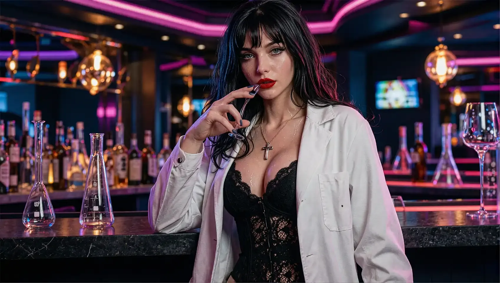 Fictional AI character with black hair and red lips in a lace corset under a white lab coat, leaning on a bar with glass flasks and neon-lit bottles