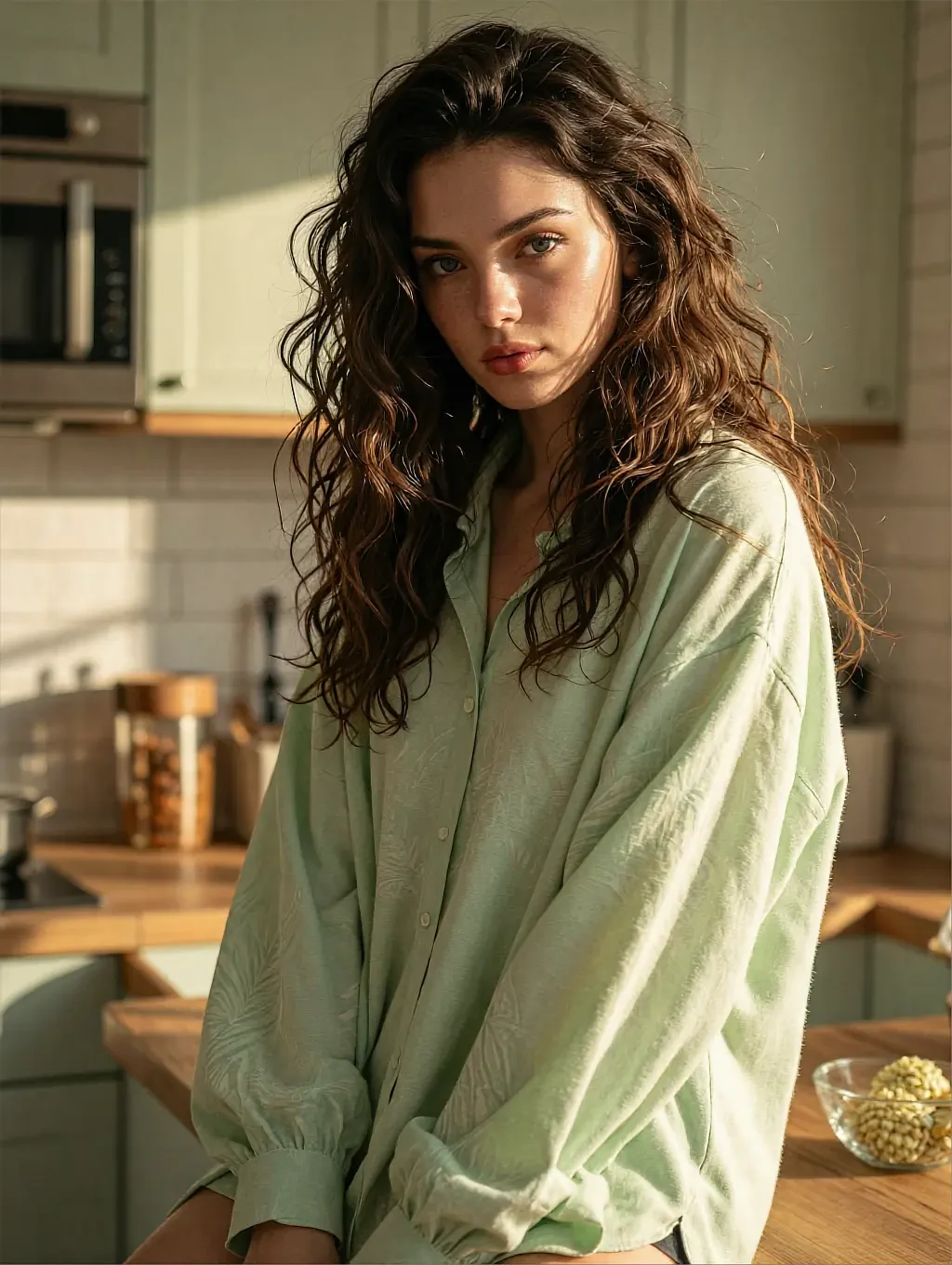 Fictional AI character with curly brown hair in a sage green button-up shirt, standing in a sunlit kitchen, shown on the AI generator page
