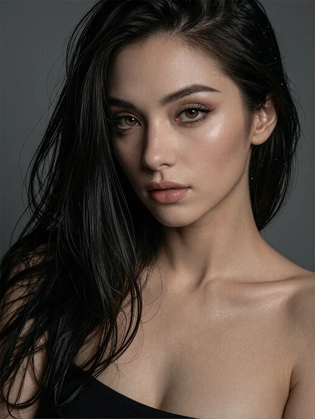 Fictional AI character with long dark hair, close-up beauty portrait against a grey backdrop, bare shoulders visible, shown on the chatbot page