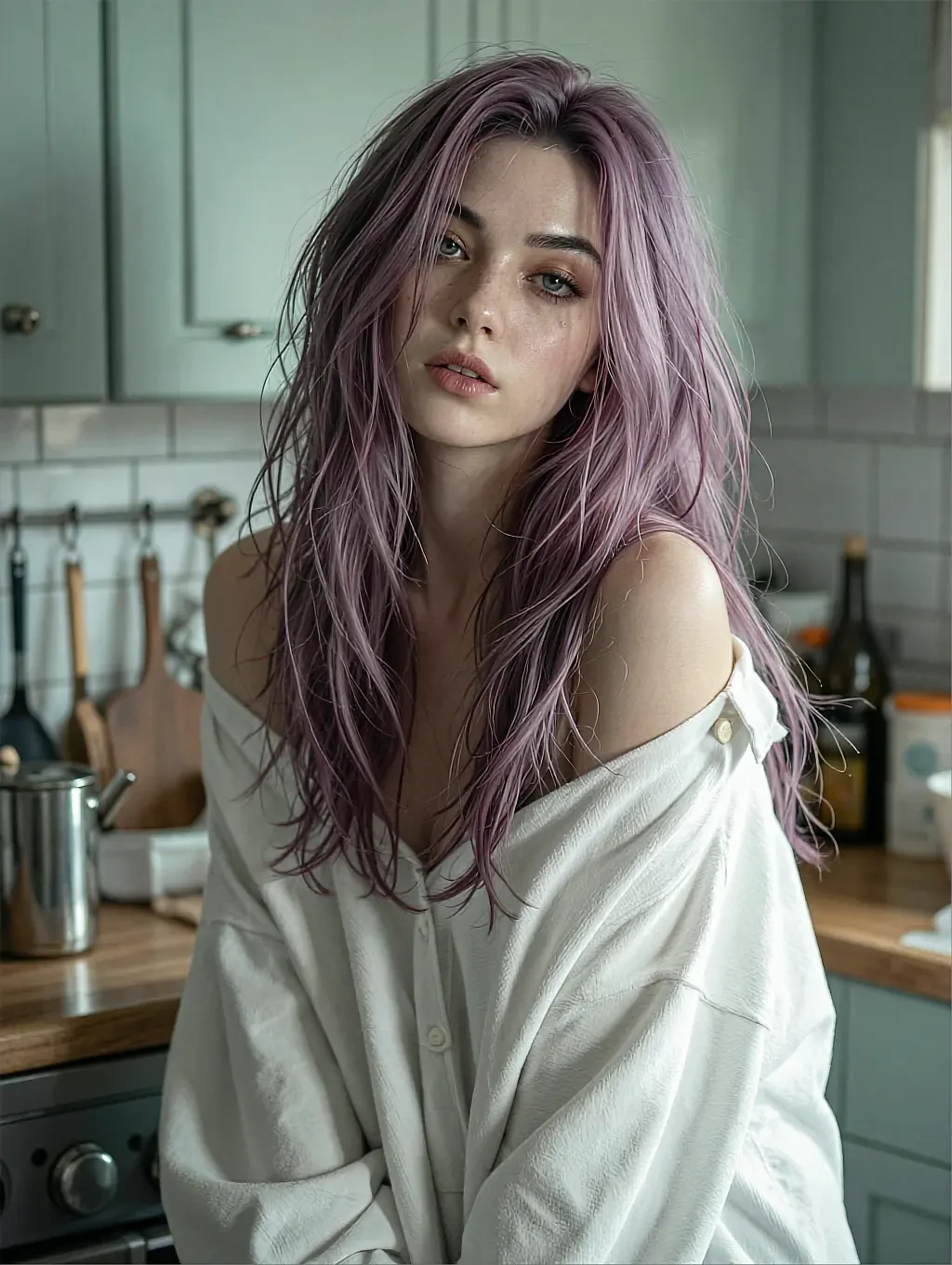 Fictional AI character with messy lavender hair in an off-the-shoulder white shirt, standing in a grey-green kitchen, shown on the roleplay page