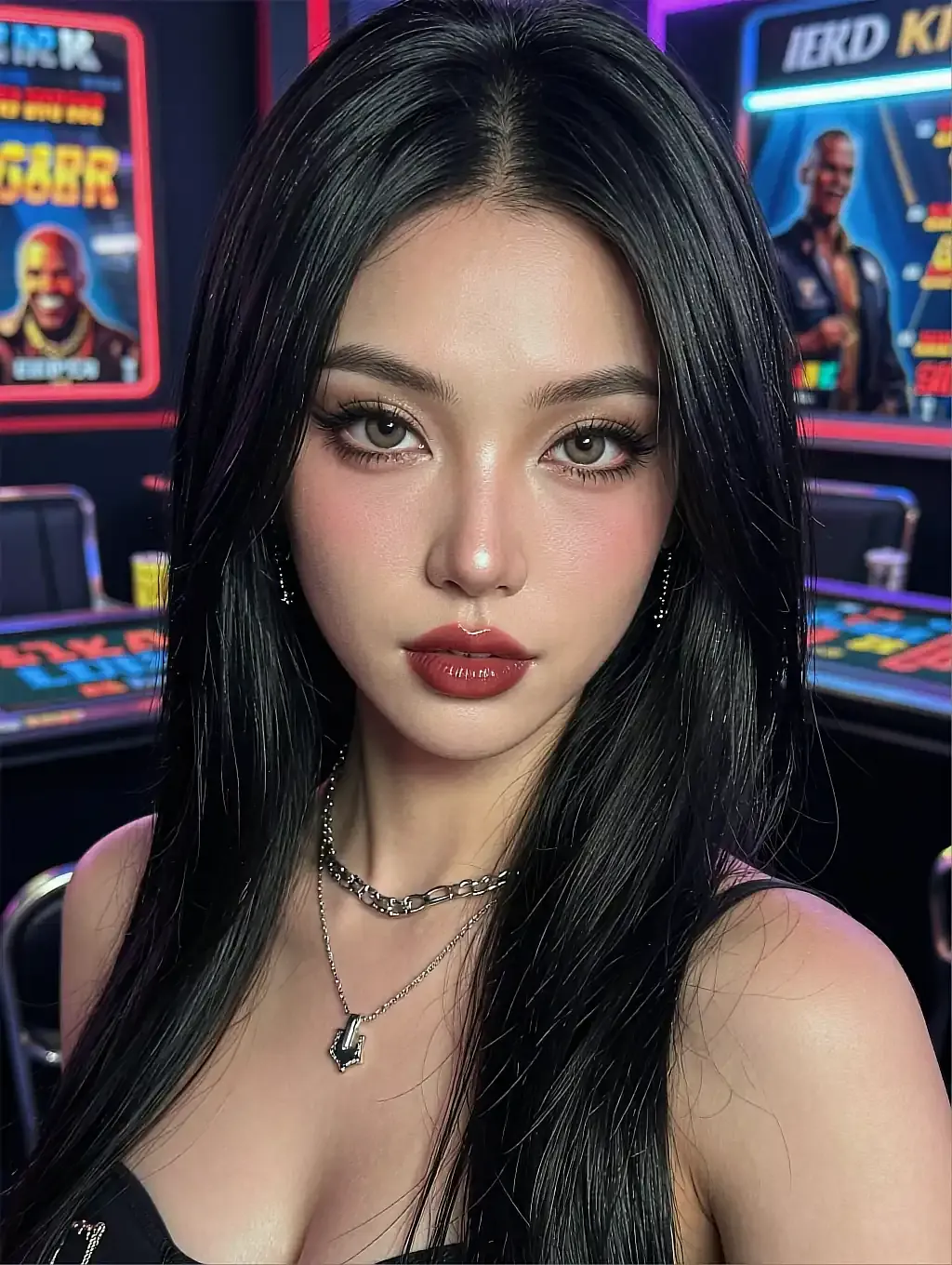 Fictional AI character with straight black hair and red lips wearing a chain necklace, close-up selfie in front of neon arcade screens, shown on the roleplay page