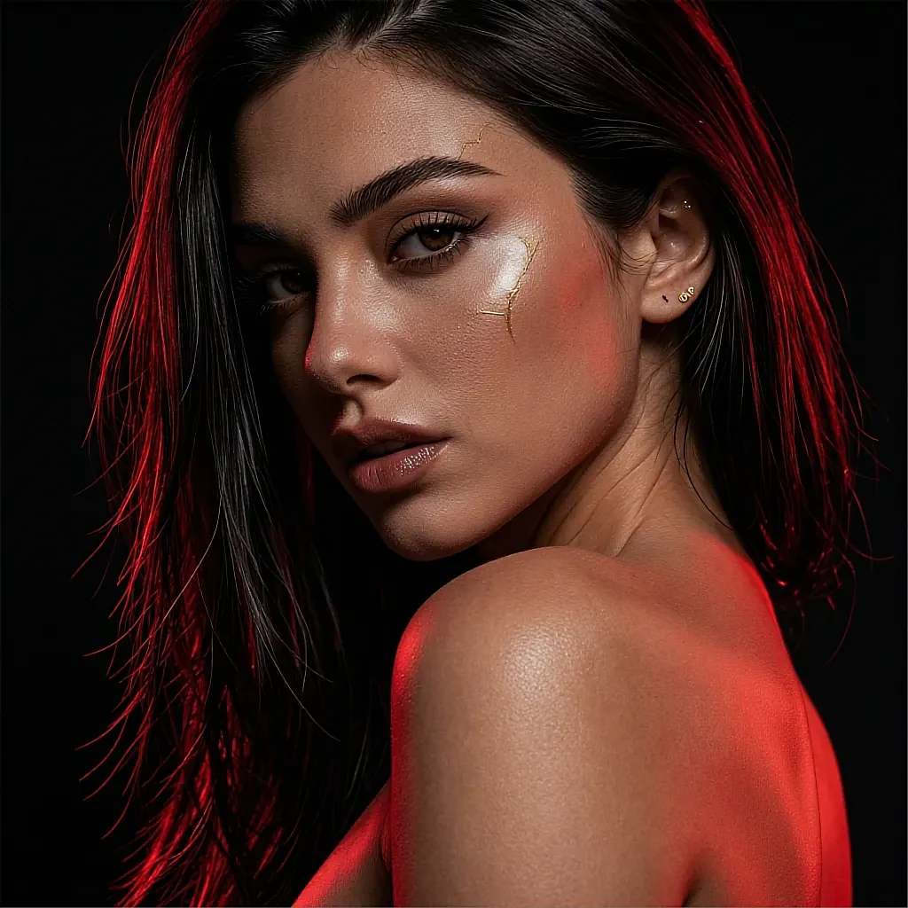 Fictional AI character with dark hair lit by strong red rim light, close-up with gold highlight on cheekbone, black background, shown on the roleplay page